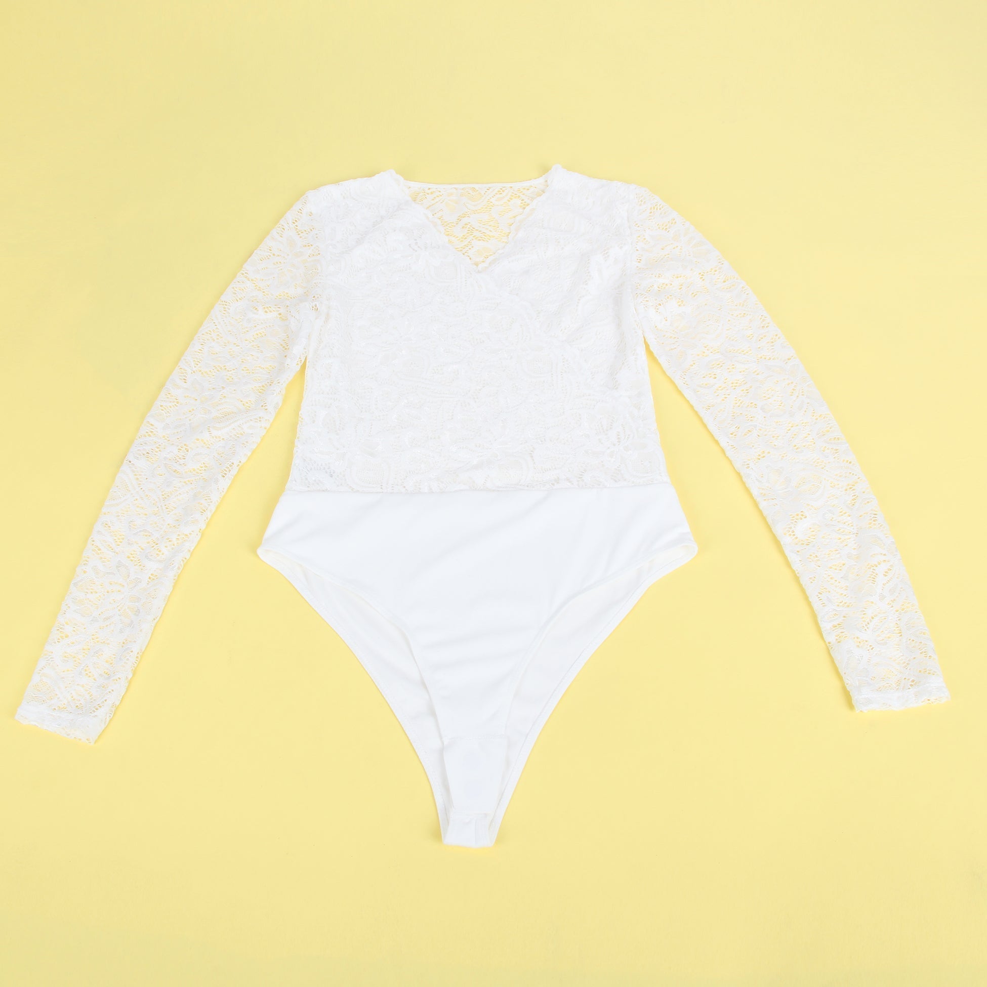 White Lace & Nylon V - Neck Snap - Crotch Bodysuit - TeaseFashion