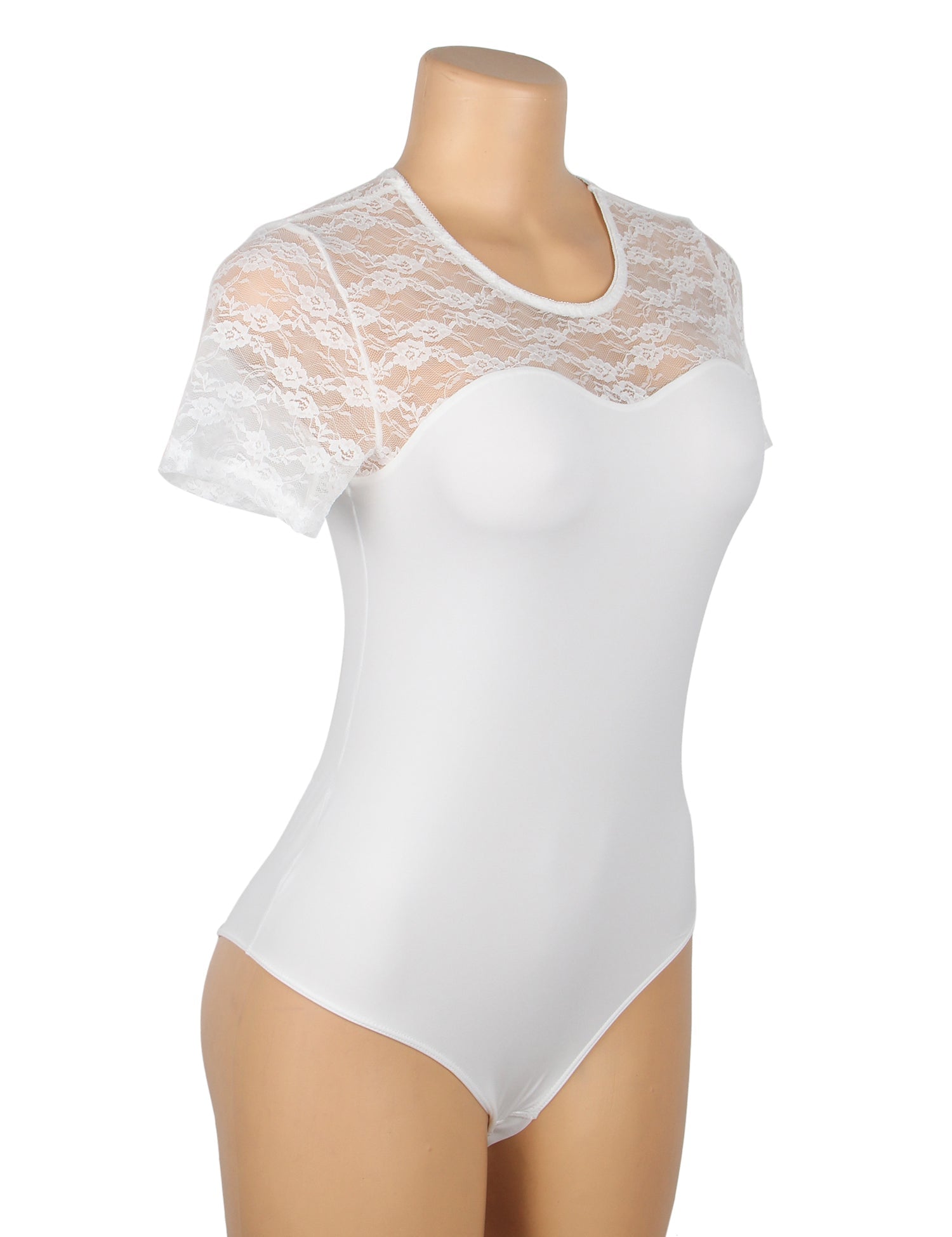 White Lace - Panel Short - Sleeve Round - Neck Snap - Crotch Bodysuit - TeaseFashion
