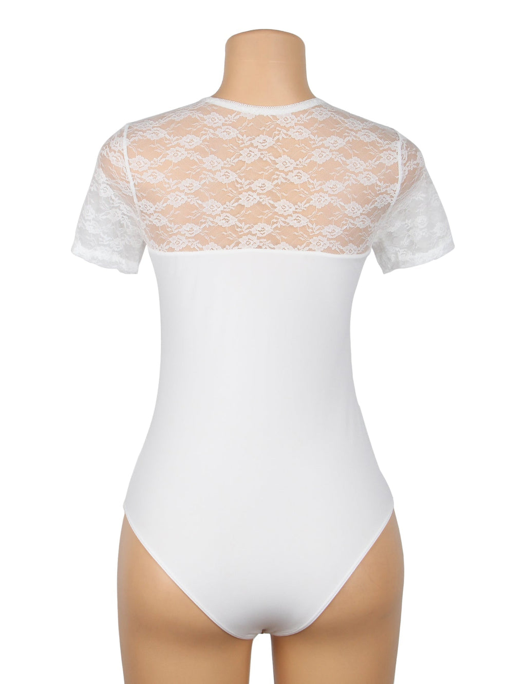 White Lace - Panel Short - Sleeve Round - Neck Snap - Crotch Bodysuit - TeaseFashion