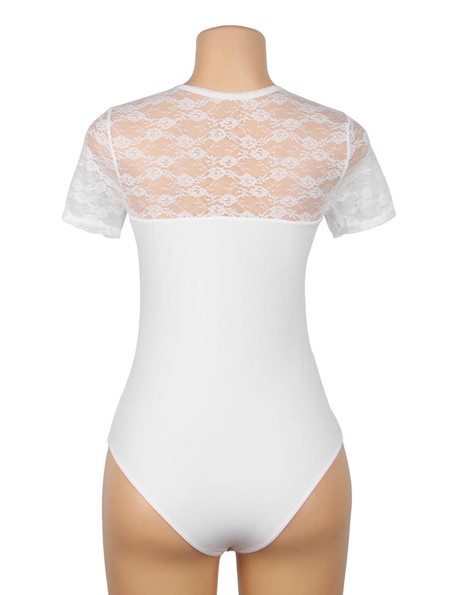 White Lace - Panel Short - Sleeve Round - Neck Snap - Crotch Bodysuit - TeaseFashion