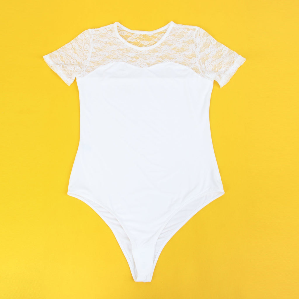 White Lace - Panel Short - Sleeve Round - Neck Snap - Crotch Bodysuit - TeaseFashion