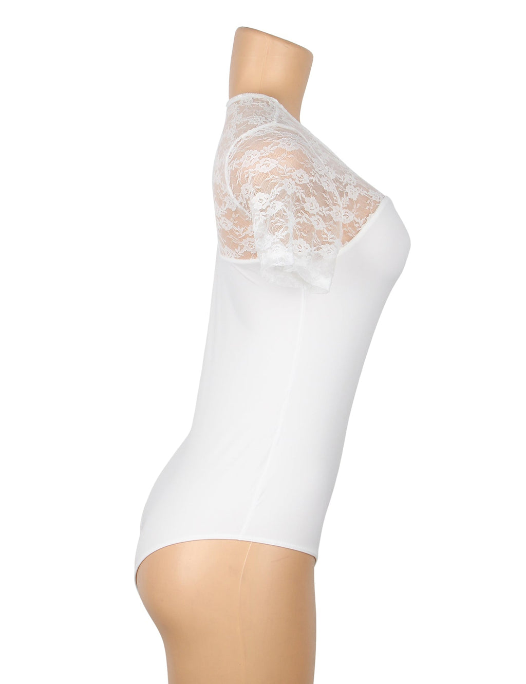 White Lace - Panel Short - Sleeve Round - Neck Snap - Crotch Bodysuit - TeaseFashion