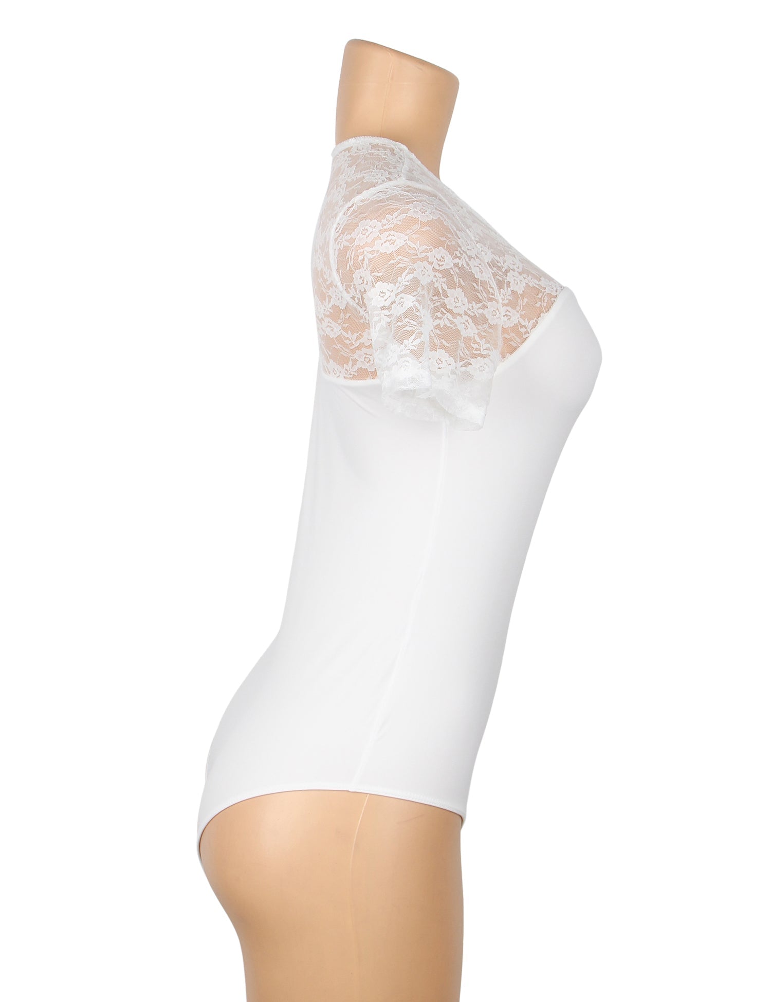 White Lace - Panel Short - Sleeve Round - Neck Snap - Crotch Bodysuit - TeaseFashion