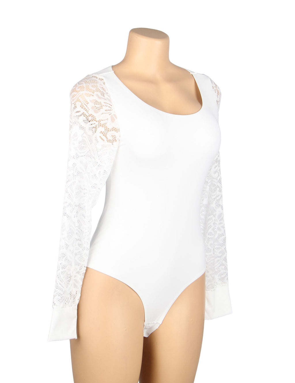 White Lace - Sleeve Round Neck Snap - Crotch Bodysuit - TeaseFashion
