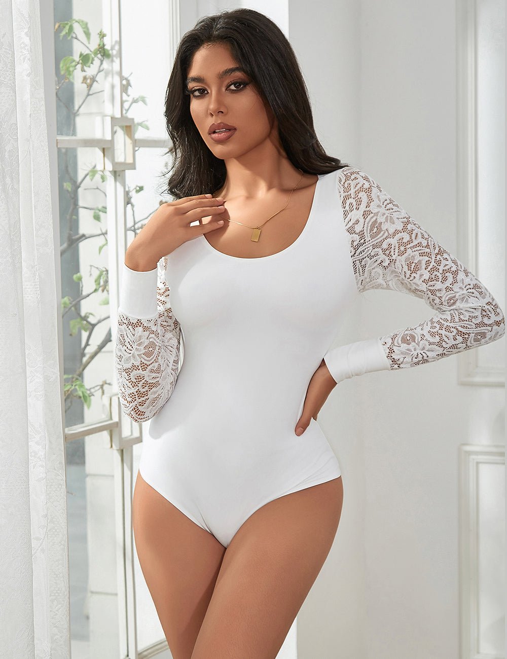 White Lace - Sleeve Round Neck Snap - Crotch Bodysuit - TeaseFashion