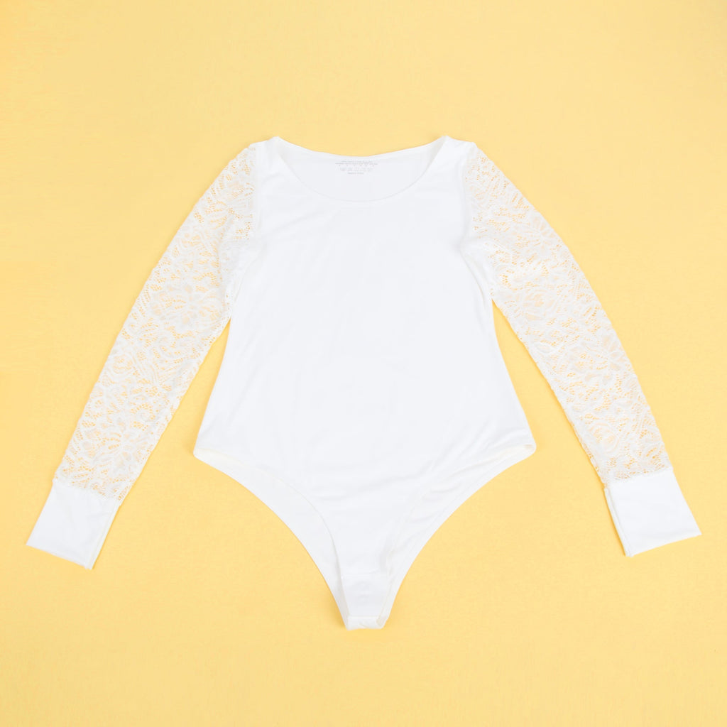 White Lace - Sleeve Round Neck Snap - Crotch Bodysuit - TeaseFashion