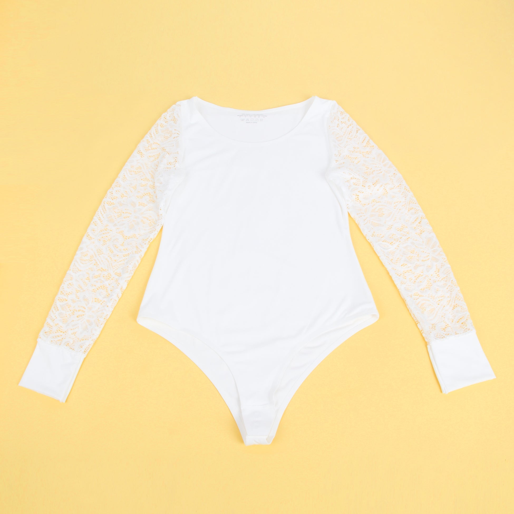 White Lace - Sleeve Round Neck Snap - Crotch Bodysuit - TeaseFashion
