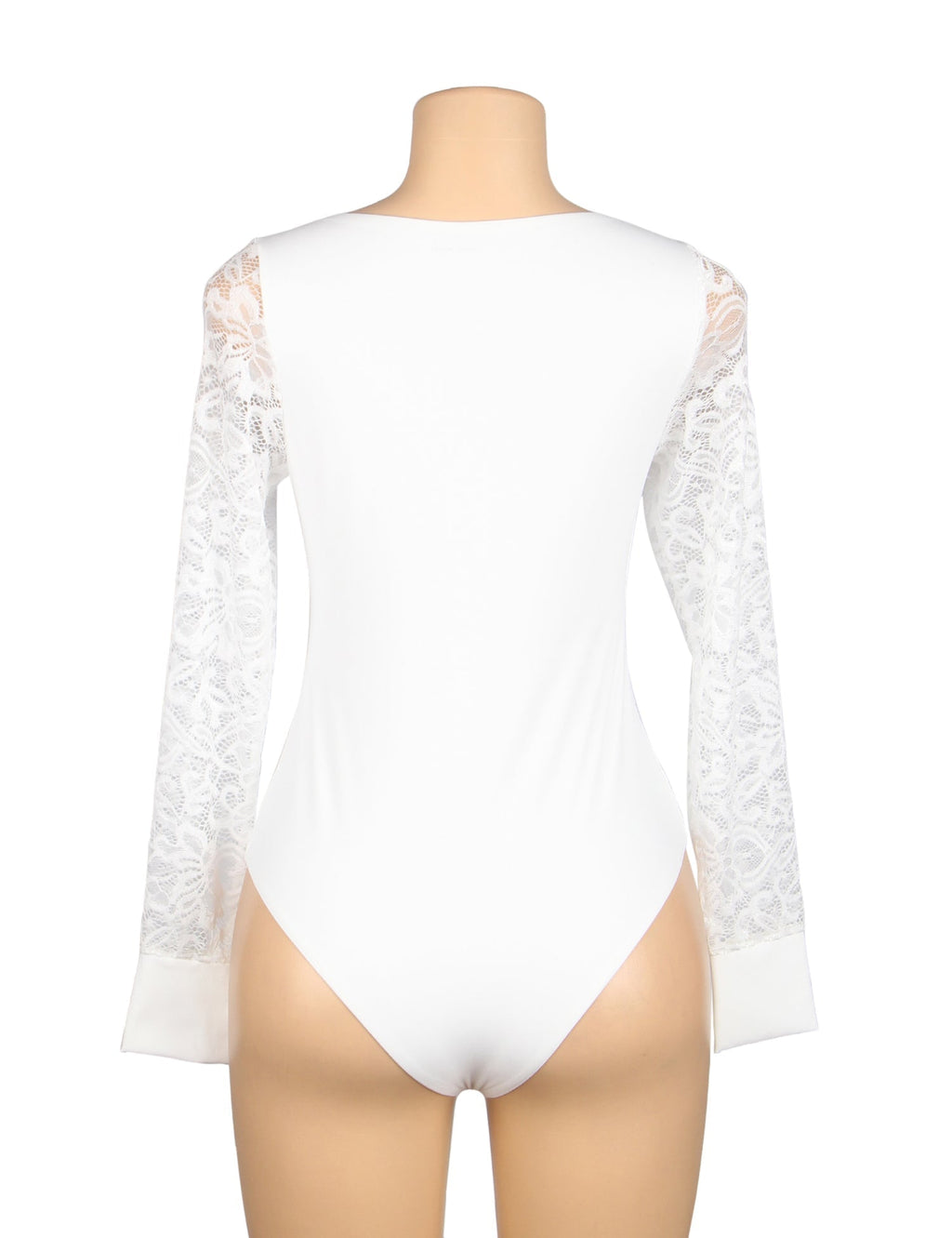 White Lace - Sleeve Round Neck Snap - Crotch Bodysuit - TeaseFashion