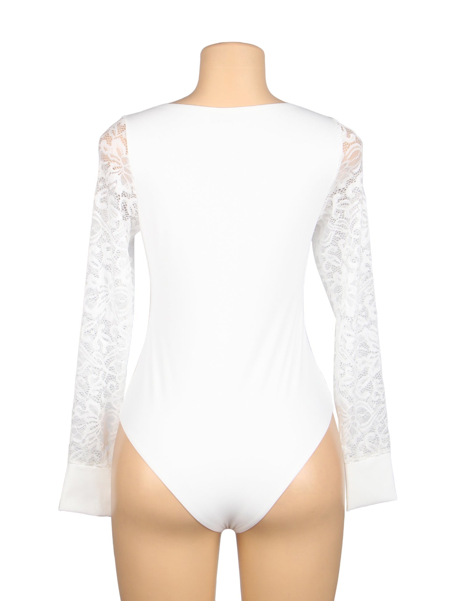 White Lace - Sleeve Round Neck Snap - Crotch Bodysuit - TeaseFashion