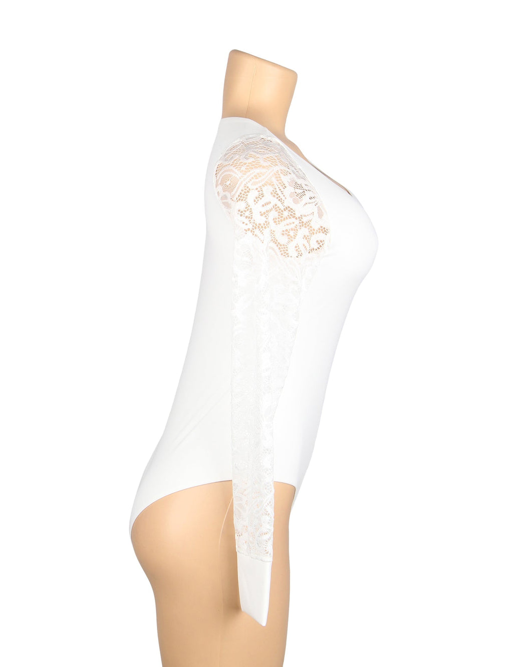 White Lace - Sleeve Round Neck Snap - Crotch Bodysuit - TeaseFashion