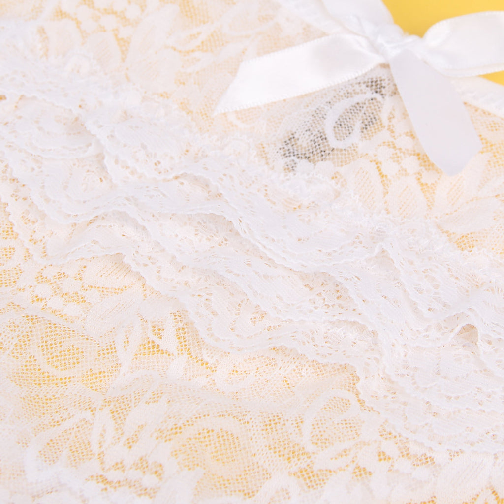 White Lace Triangle Panty with Multi - Layer Back Trim, Bow Detail & Open Crotch - TeaseFashion