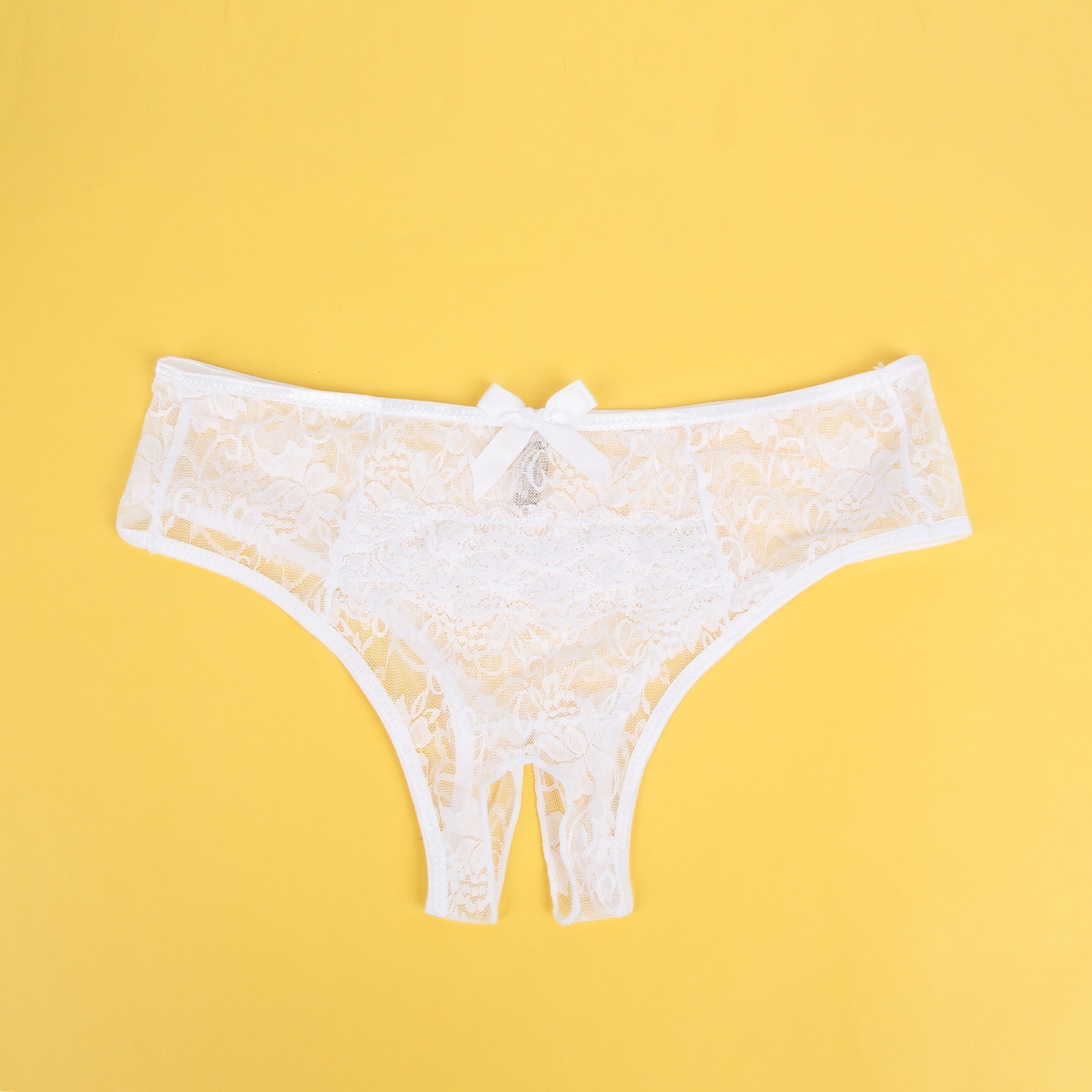 White Lace Triangle Panty with Multi - Layer Back Trim, Bow Detail & Open Crotch - TeaseFashion