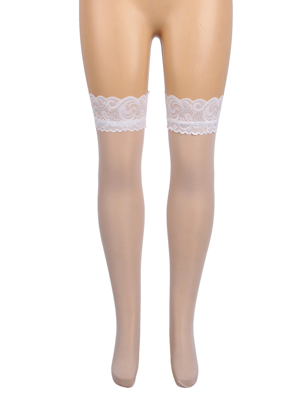 White Lace - Trim Thigh - High Stockings with Anti - Slip Silicone Band - TeaseFashion