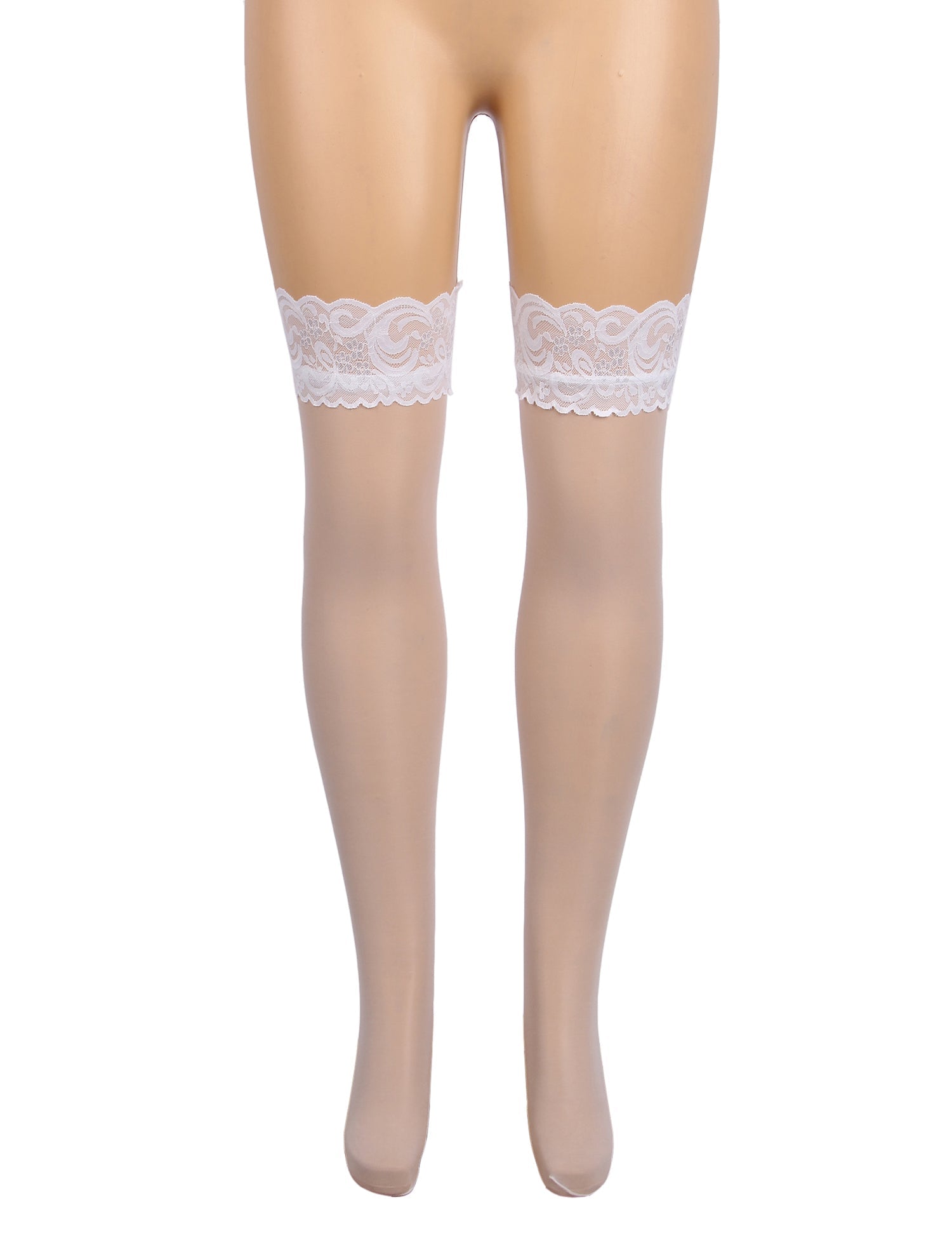White Lace - Trim Thigh - High Stockings with Anti - Slip Silicone Band - TeaseFashion