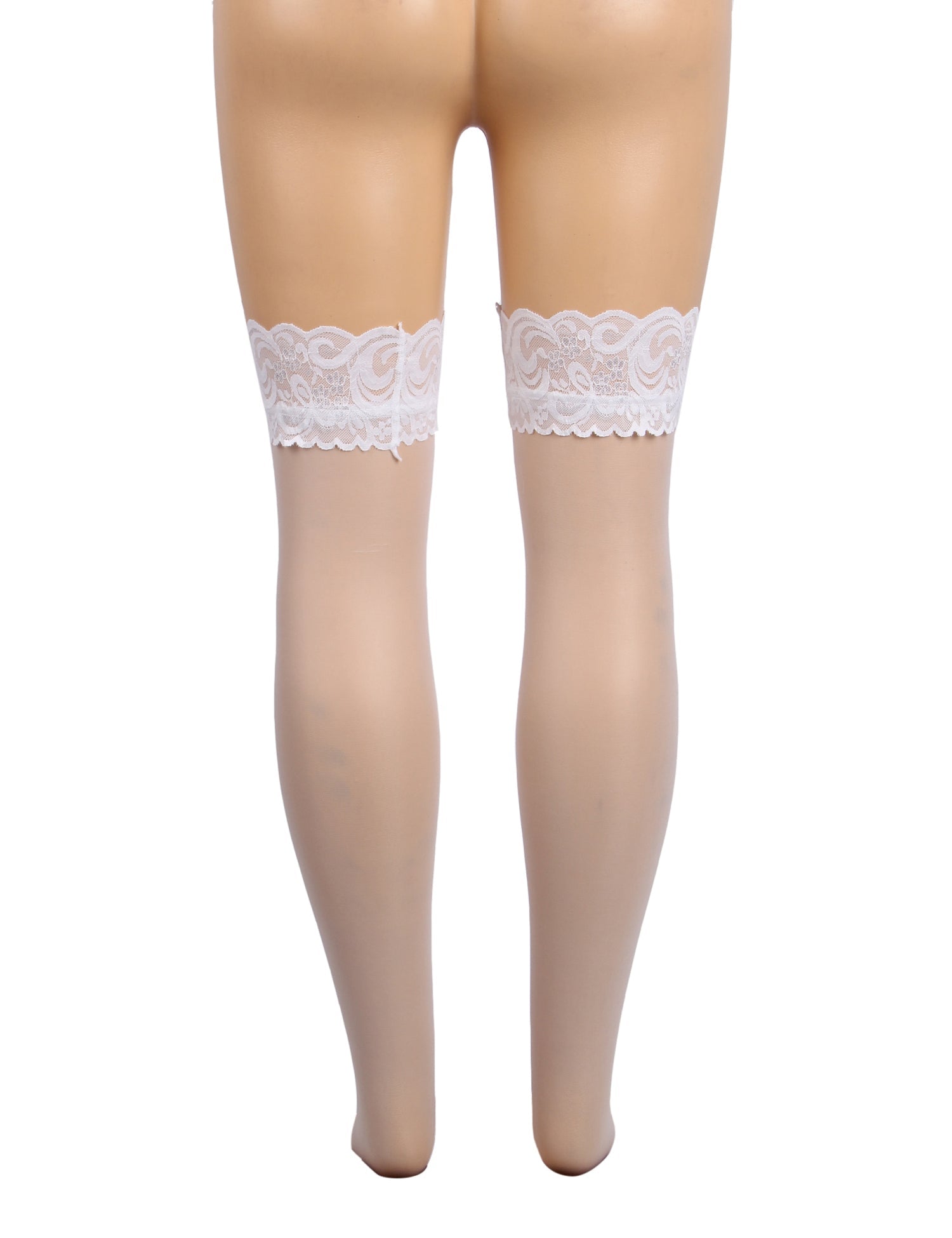 White Lace - Trim Thigh - High Stockings with Anti - Slip Silicone Band - TeaseFashion