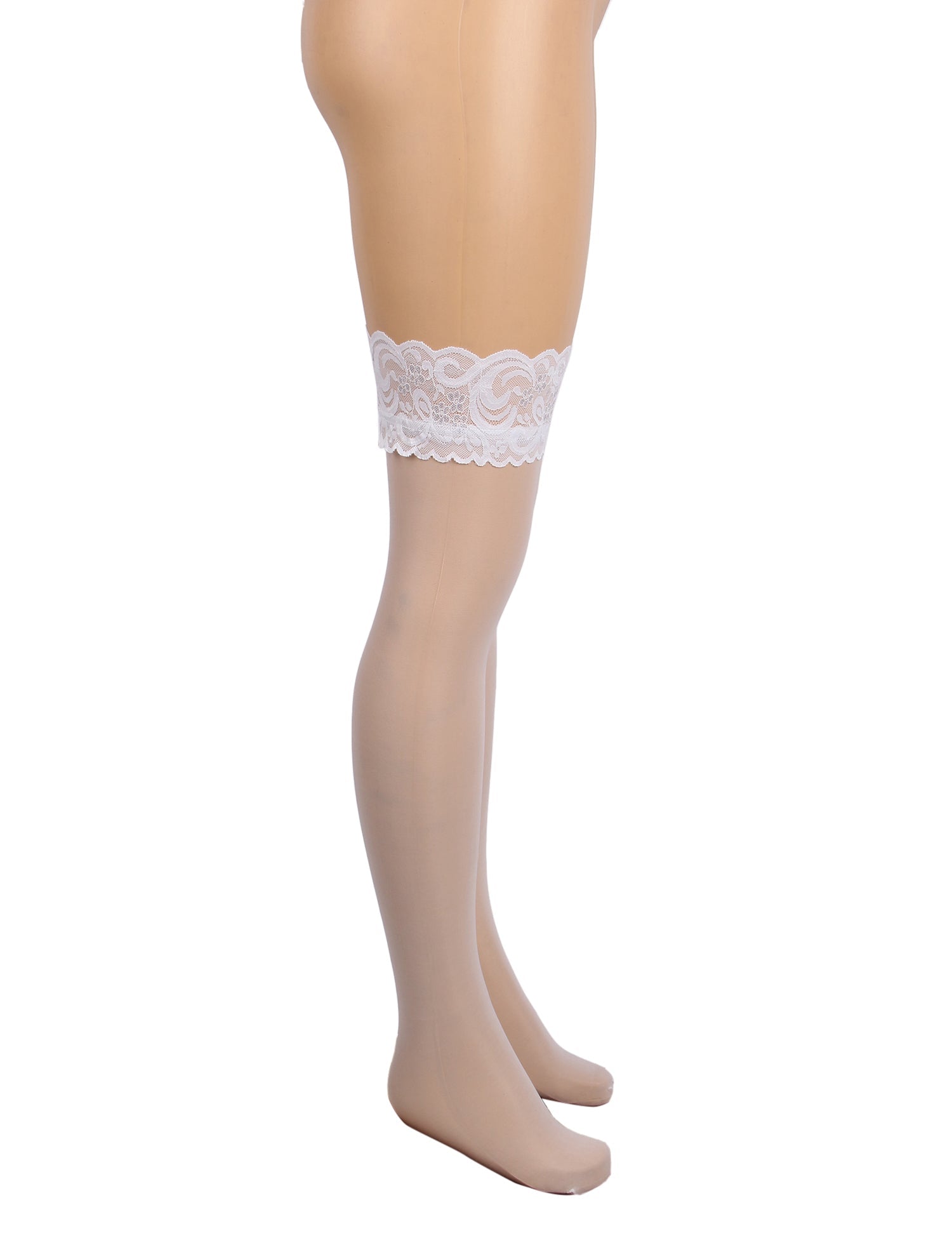 White Lace - Trim Thigh - High Stockings with Anti - Slip Silicone Band - TeaseFashion