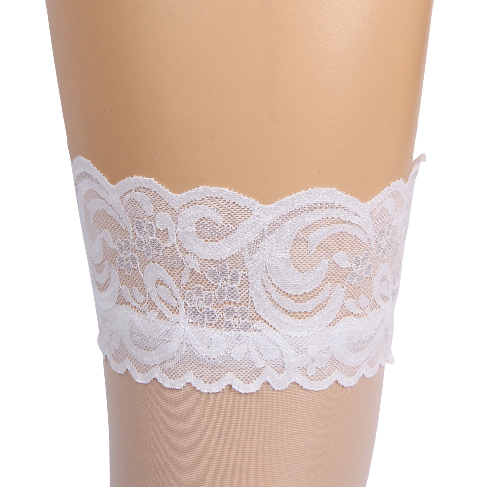 White Lace - Trim Thigh - High Stockings with Anti - Slip Silicone Band - TeaseFashion
