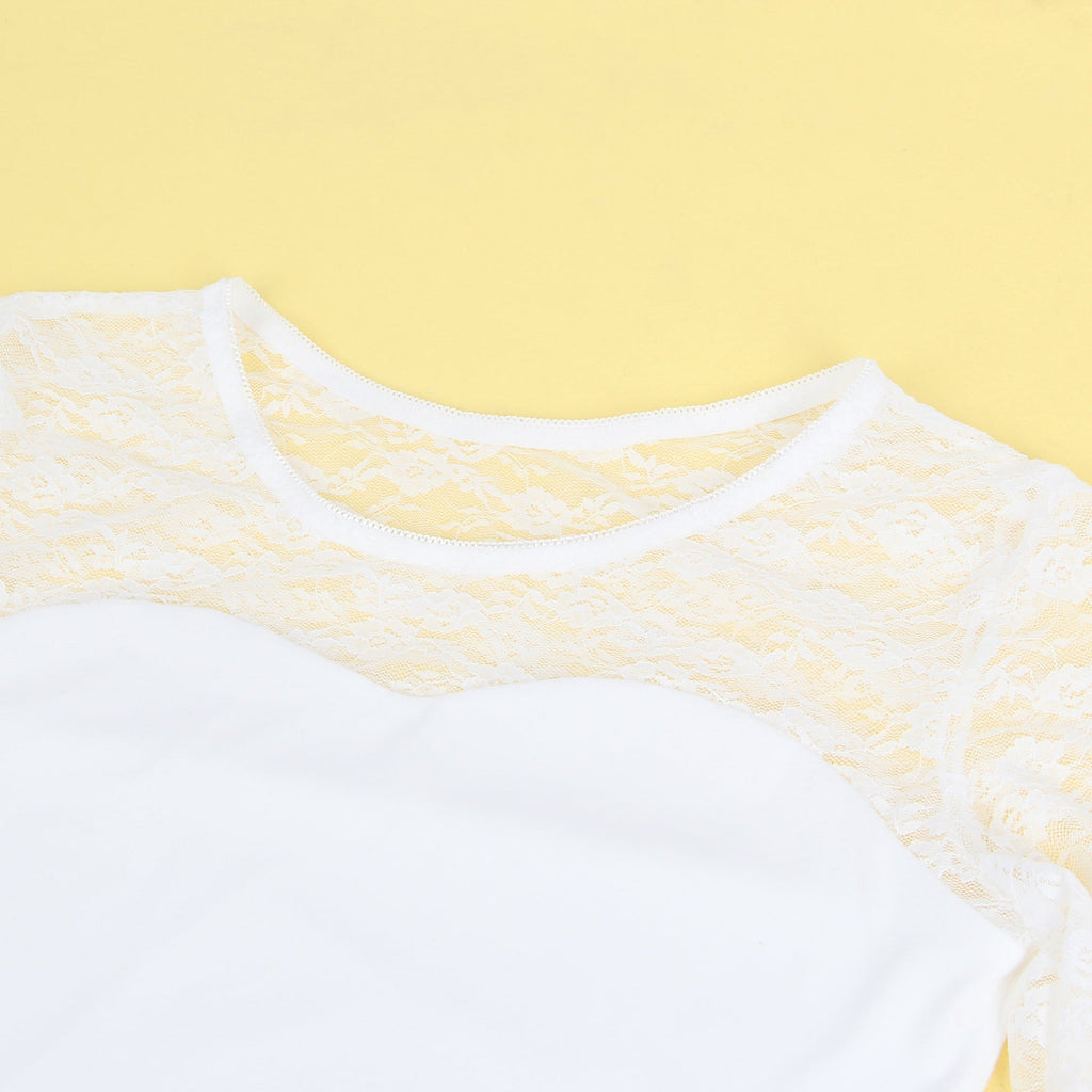 White Long Sleeve Bodysuit – Lace Mesh on Chest, Sleeves & Back - TeaseFashion