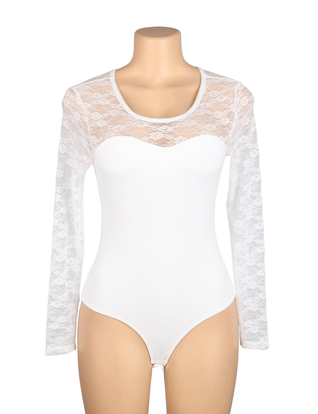 White Long Sleeve Bodysuit – Lace Mesh on Chest, Sleeves & Back - TeaseFashion
