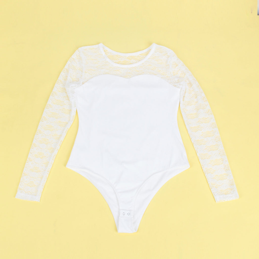 White Long Sleeve Bodysuit – Lace Mesh on Chest, Sleeves & Back - TeaseFashion