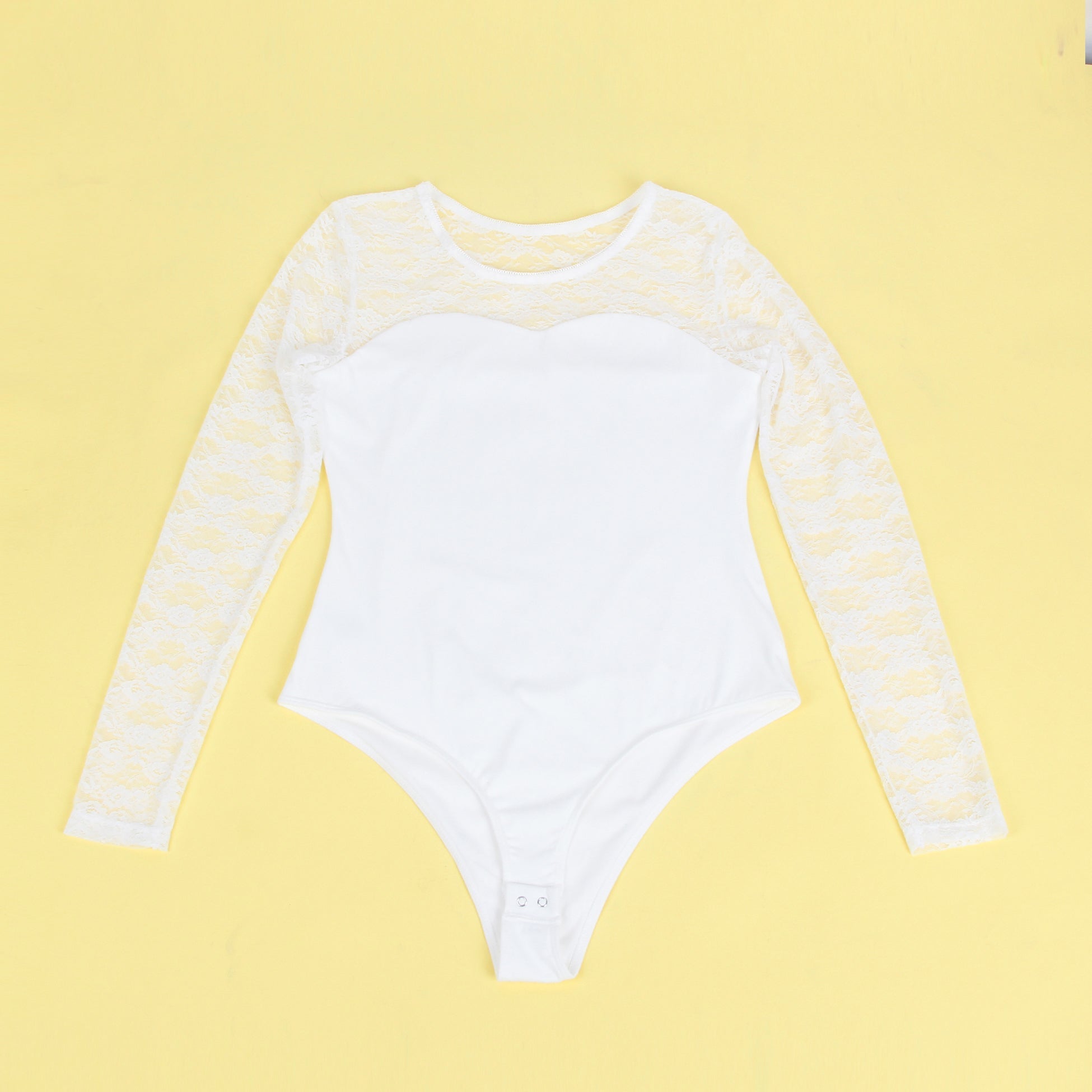 White Long Sleeve Bodysuit – Lace Mesh on Chest, Sleeves & Back - TeaseFashion