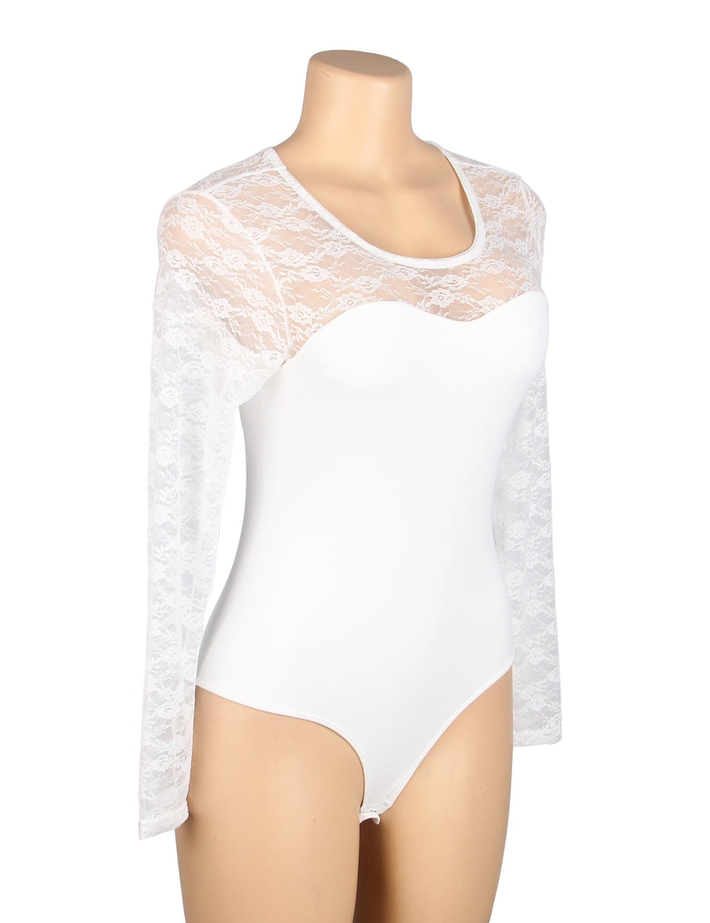 White Long Sleeve Bodysuit – Lace Mesh on Chest, Sleeves & Back - TeaseFashion