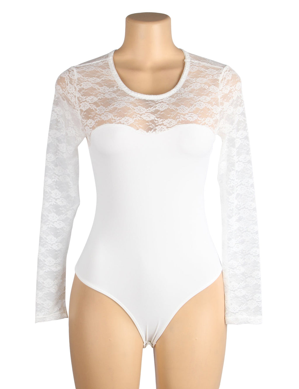 White Long Sleeve Bodysuit – Lace Mesh on Chest & Sleeves, Round Neck - TeaseFashion