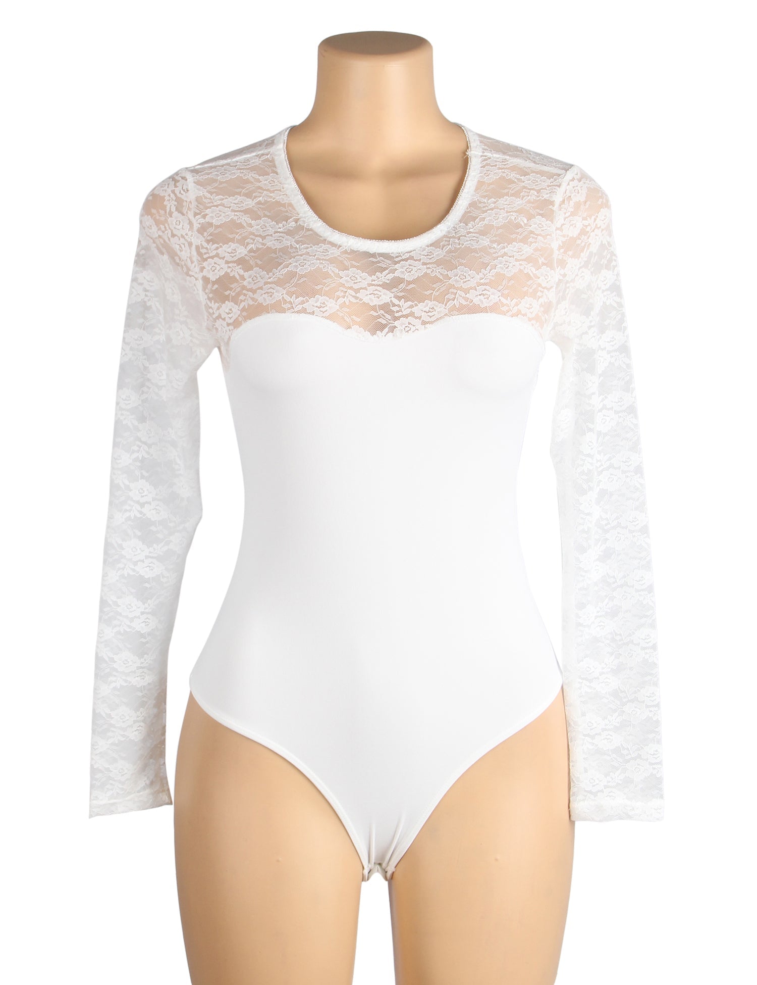 White Long Sleeve Bodysuit – Lace Mesh on Chest & Sleeves, Round Neck - TeaseFashion