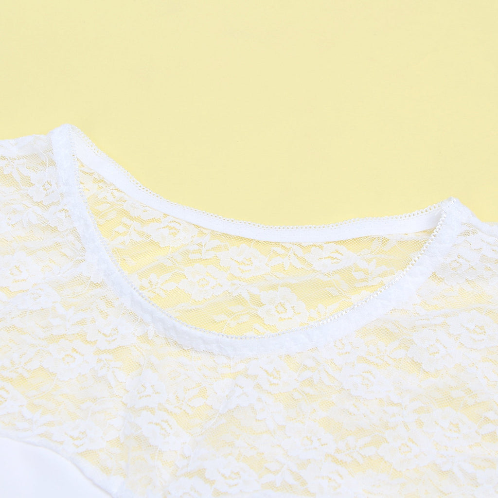 White Long Sleeve Bodysuit – Lace Mesh on Chest & Sleeves, Round Neck - TeaseFashion