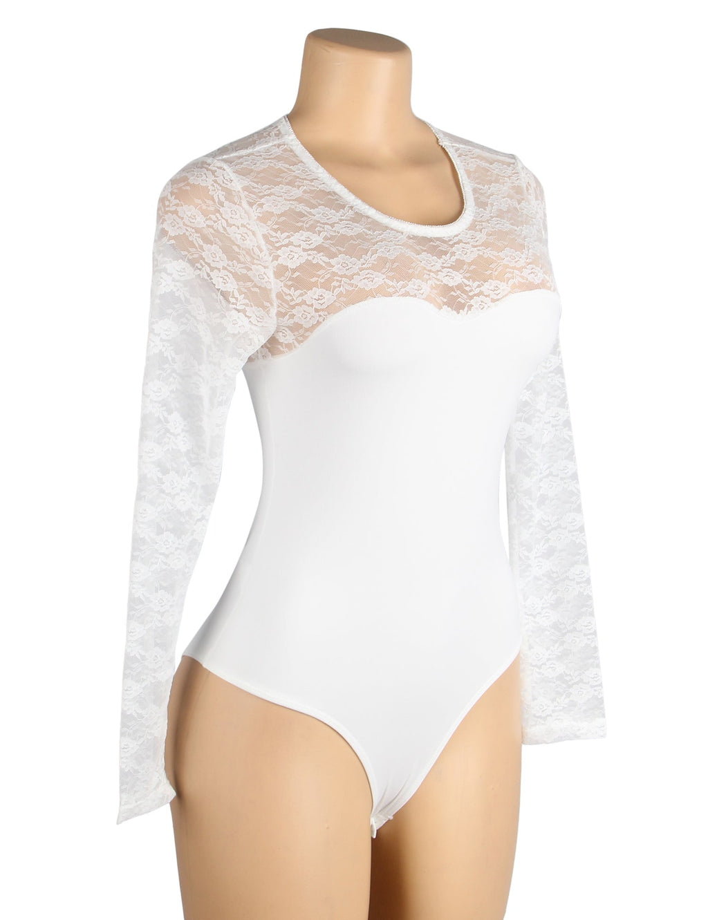 White Long Sleeve Bodysuit – Lace Mesh on Chest & Sleeves, Round Neck - TeaseFashion