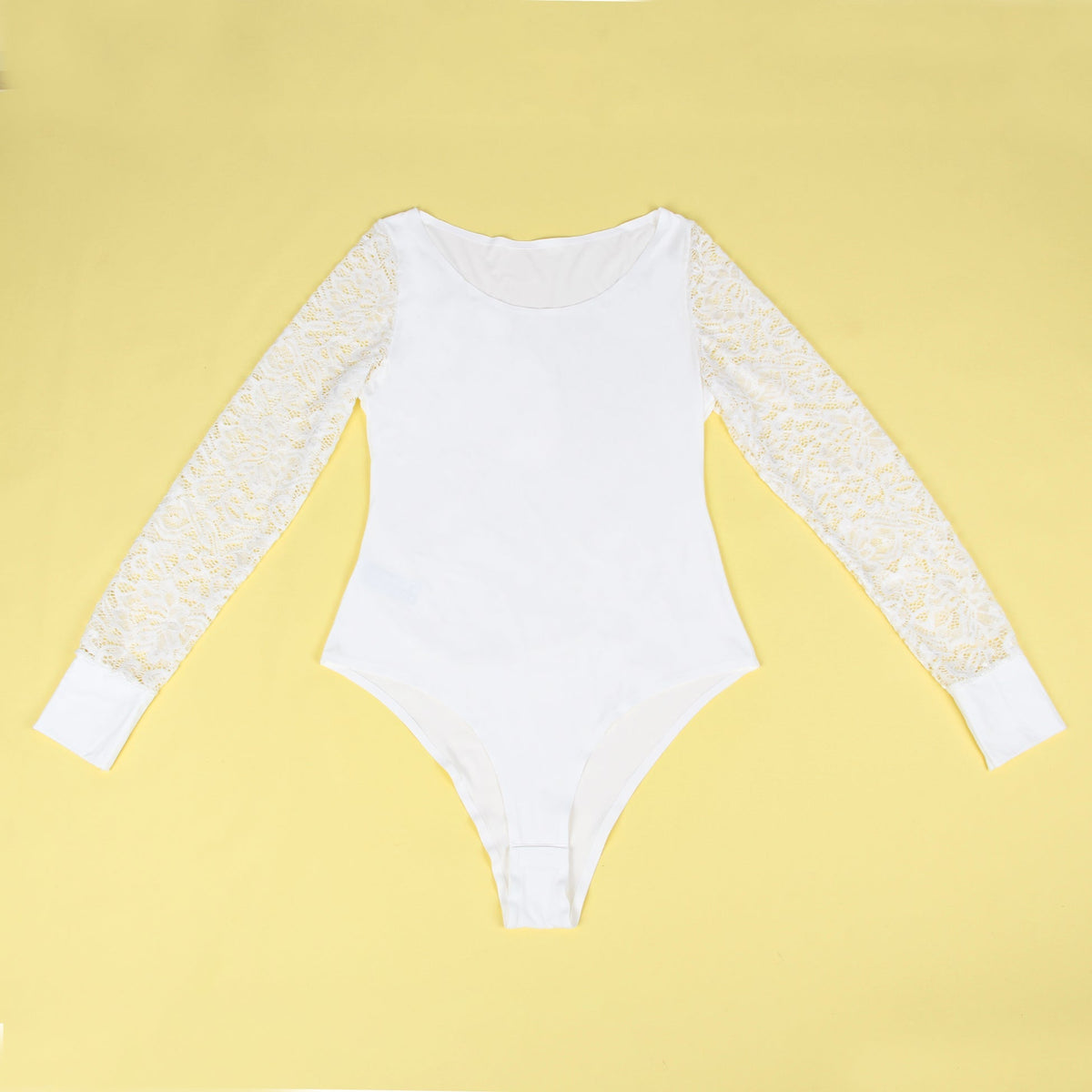 White Long Sleeve Bodysuit – Lace - Stitched Sleeves, Bonded Cuffs & Round Neck - TeaseFashion
