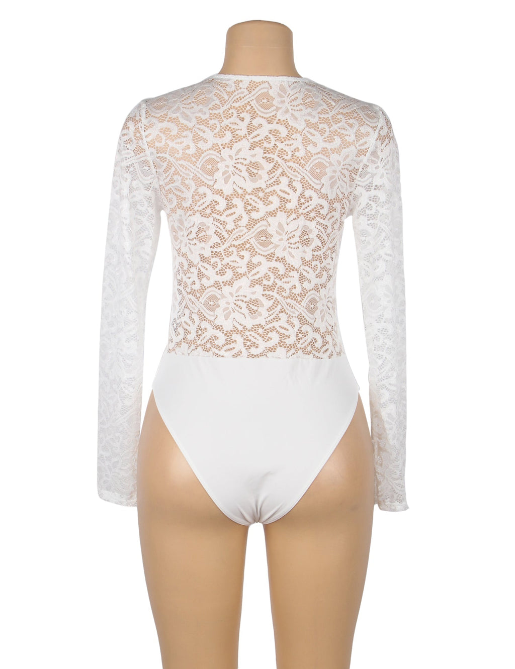 White Long Sleeve Lace Bodysuit – Brushed Nylon Swim Fabric & Deep V - TeaseFashion