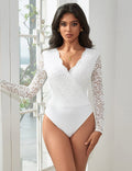 White Long Sleeve Lace Bodysuit – Brushed Nylon Swim Fabric & Deep V - TeaseFashion