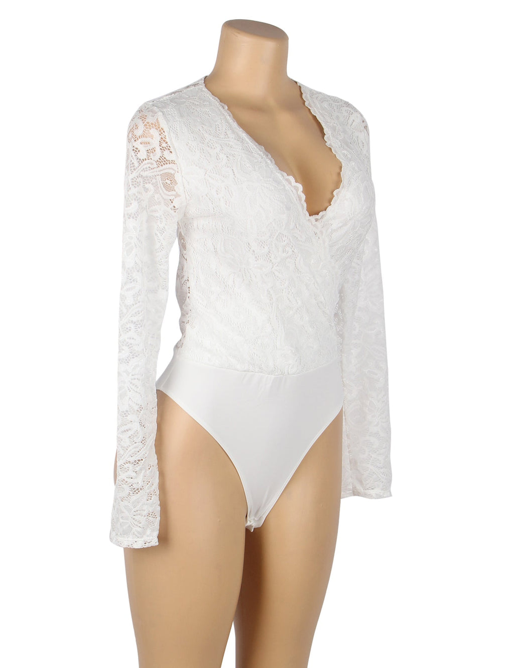 White Long Sleeve Lace Bodysuit – Brushed Nylon Swim Fabric & Deep V - TeaseFashion