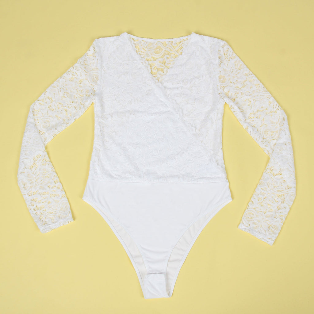 White Long Sleeve Lace Bodysuit – Brushed Nylon Swim Fabric & Deep V - TeaseFashion