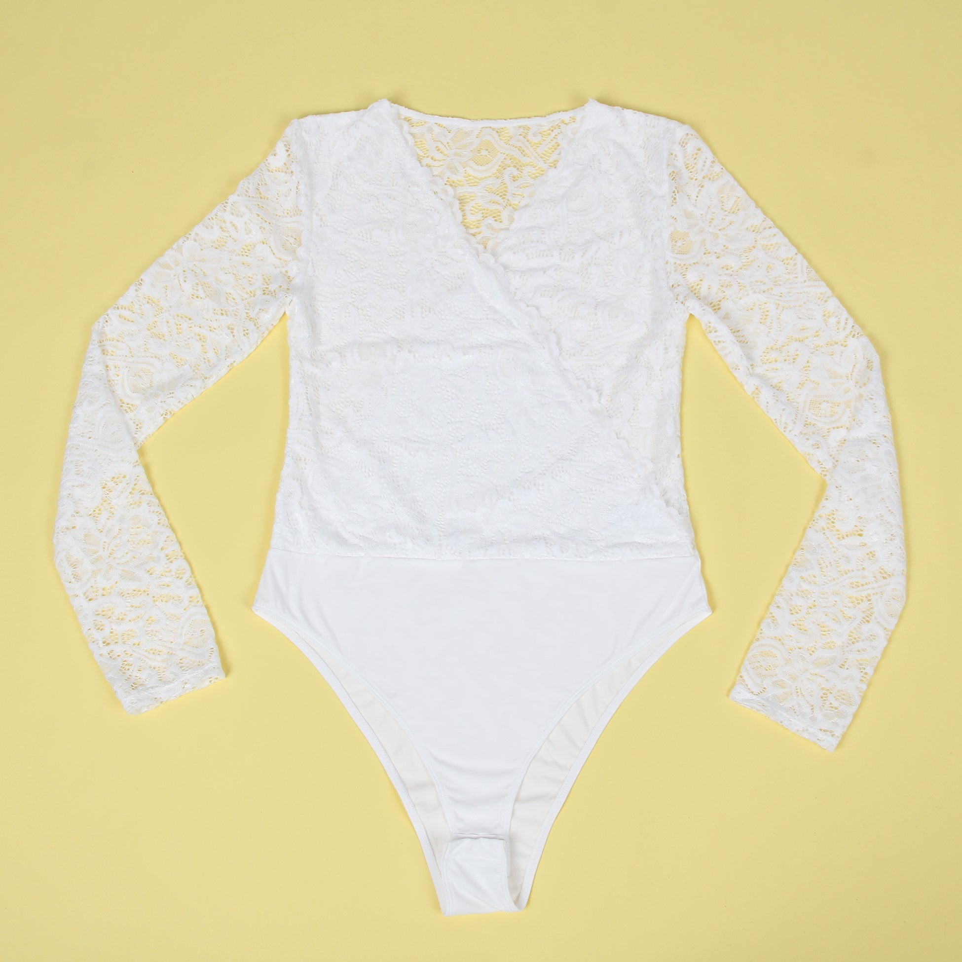 White Long Sleeve Lace Bodysuit – Brushed Nylon Swim Fabric & Deep V - TeaseFashion