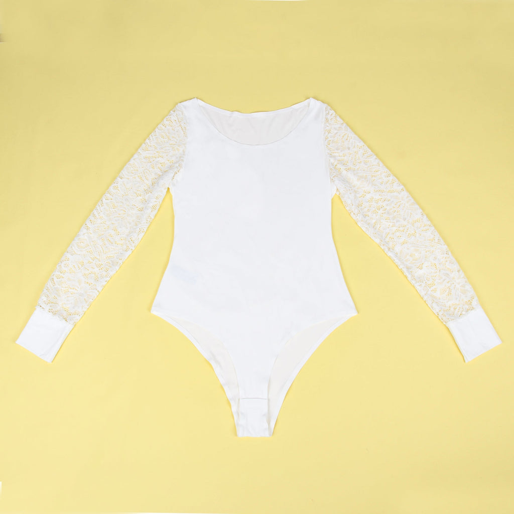 White Long Sleeve Openable Crotch Mesh Bodysuit - TeaseFashion