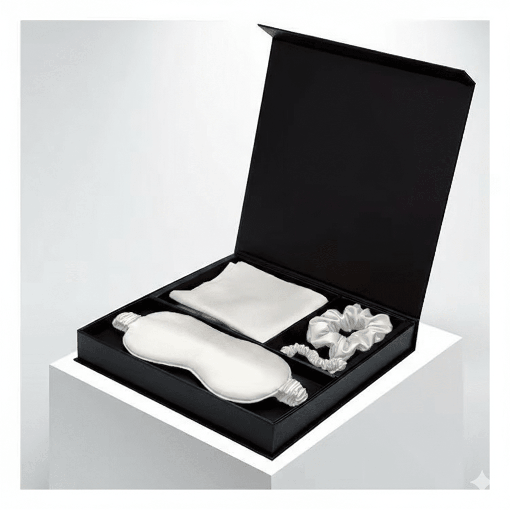 White Luxury 100% Mulberry Silk Pillow case Sleep, Eye Mask Blind and Scrunchies Gift Set - TeaseFashion