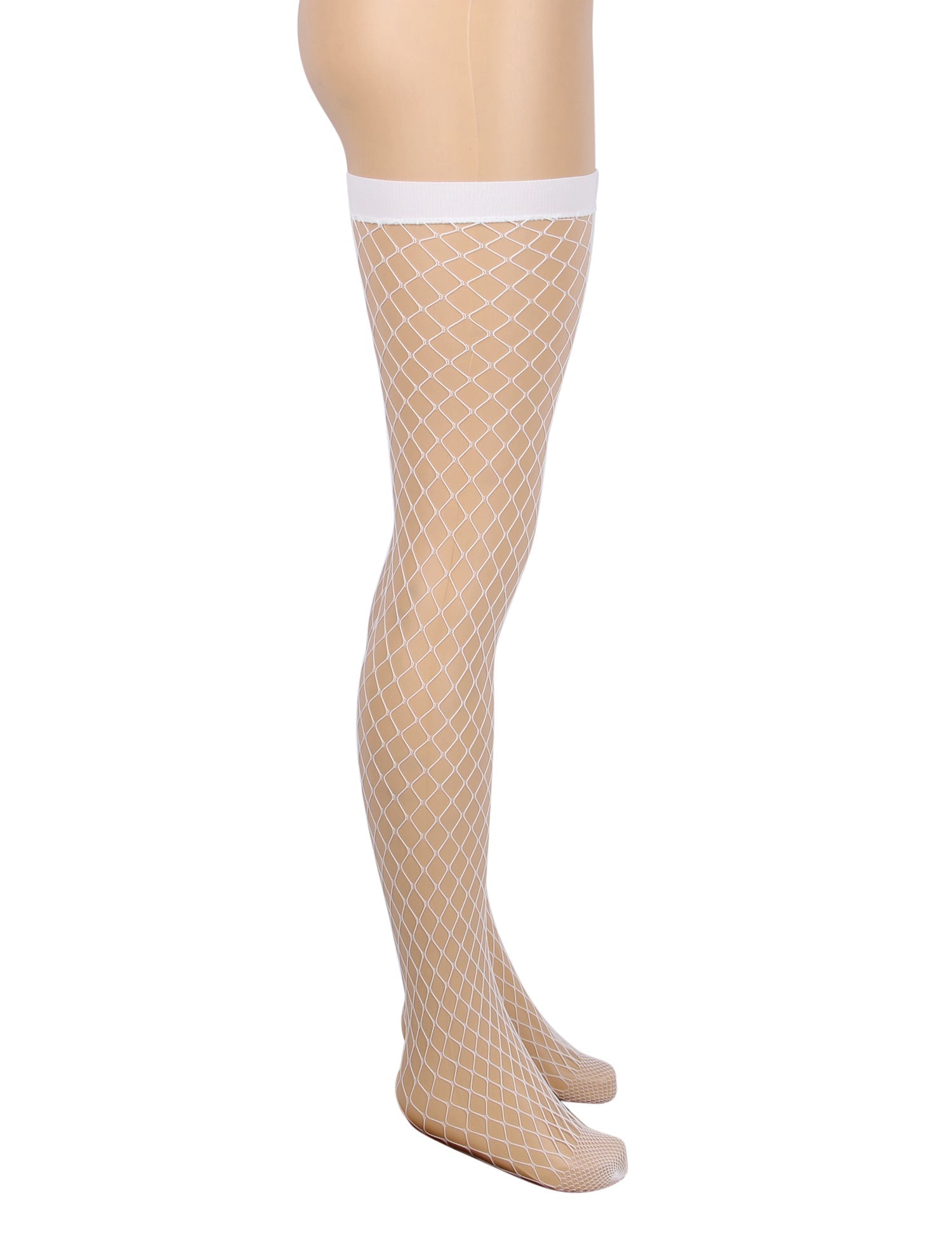 White Medium - Mesh Fishnet Thigh - High Stockings with Anti - Roll Cuff - TeaseFashion
