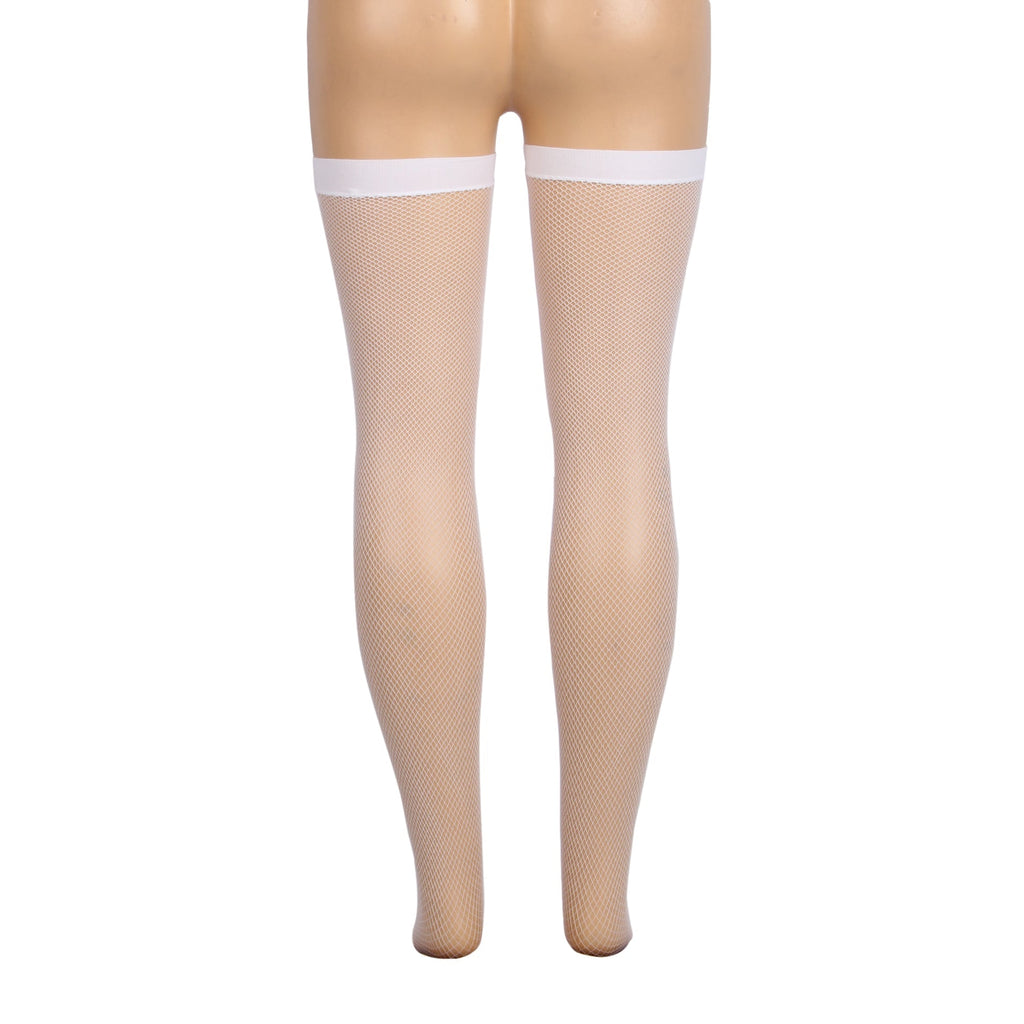 White Medium - Mesh Fishnet Thigh - High Stockings with Anti - Roll Cuff - TeaseFashion