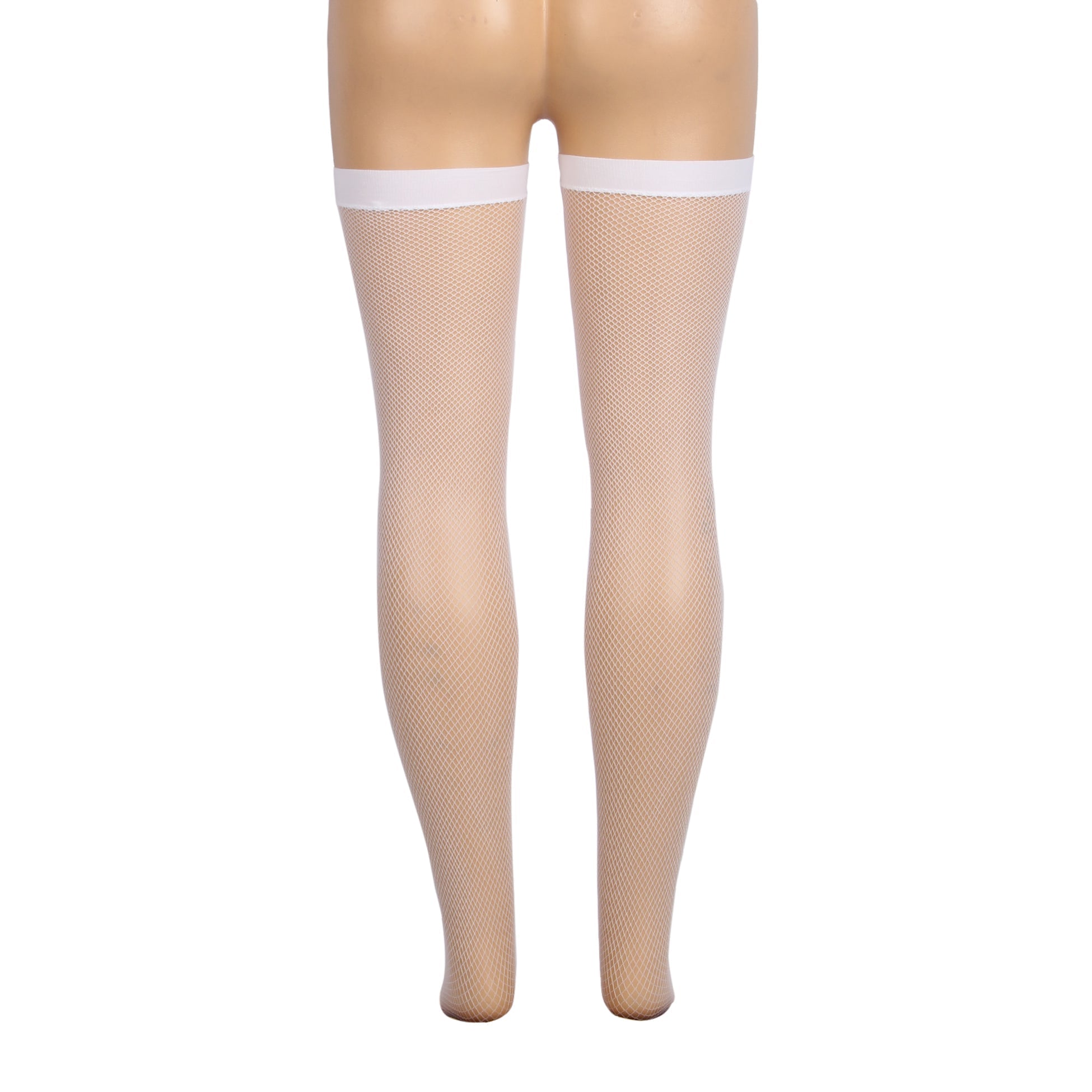 White Medium - Mesh Fishnet Thigh - High Stockings with Anti - Roll Cuff - TeaseFashion