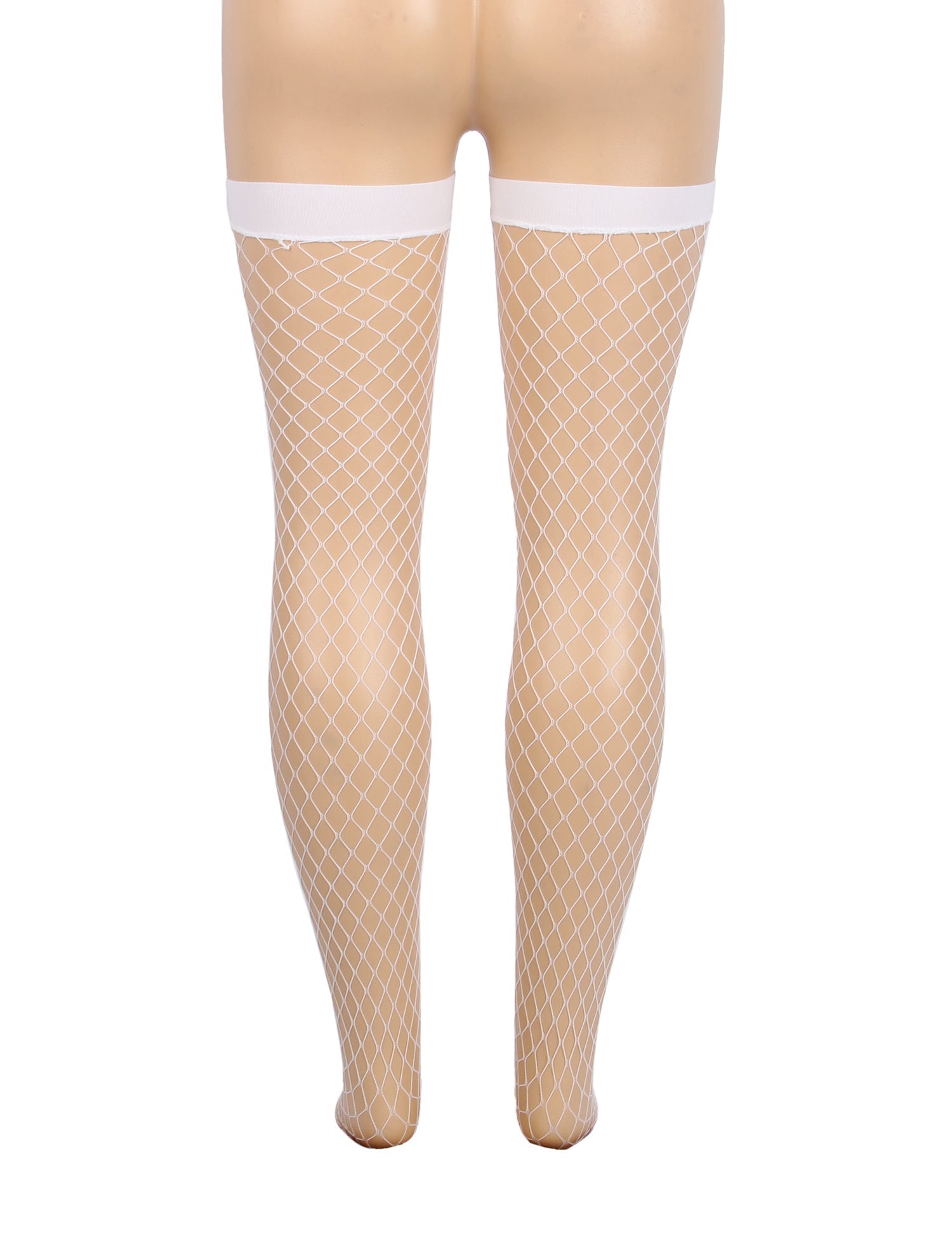 White Medium - Mesh Fishnet Thigh - High Stockings with Anti - Roll Cuff - TeaseFashion