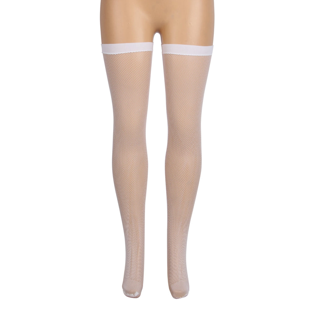 White Medium - Mesh Fishnet Thigh - High Stockings with Anti - Roll Cuff - TeaseFashion