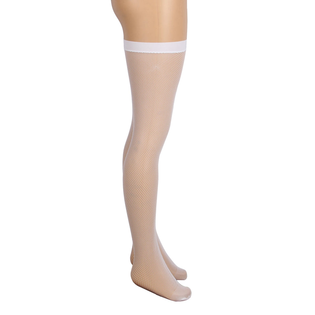 White Medium - Mesh Fishnet Thigh - High Stockings with Anti - Roll Cuff - TeaseFashion