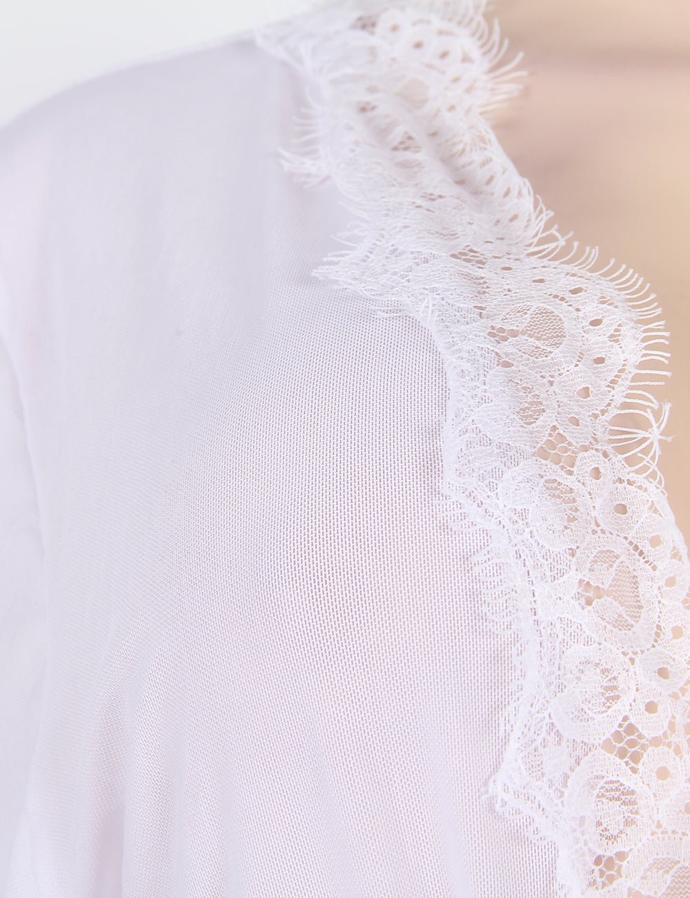 White Mesh Babydoll Robe – Long Sleeve, Eyelash Lace Trim, Faux Silk Belt & Matching Thong - TeaseFashion