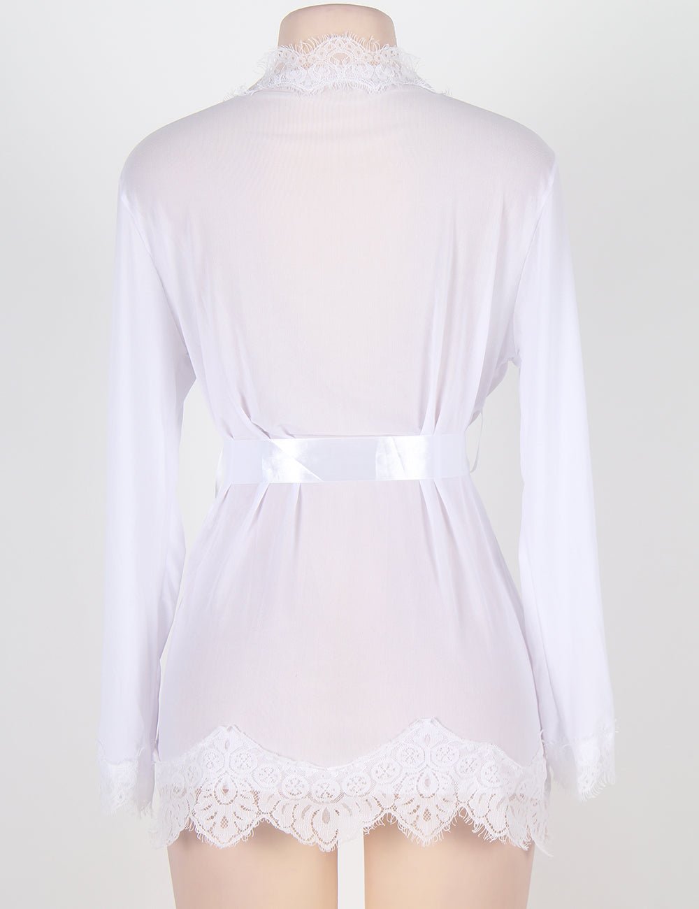 White Mesh Babydoll Robe – Long Sleeve, Eyelash Lace Trim, Faux Silk Belt & Matching Thong - TeaseFashion