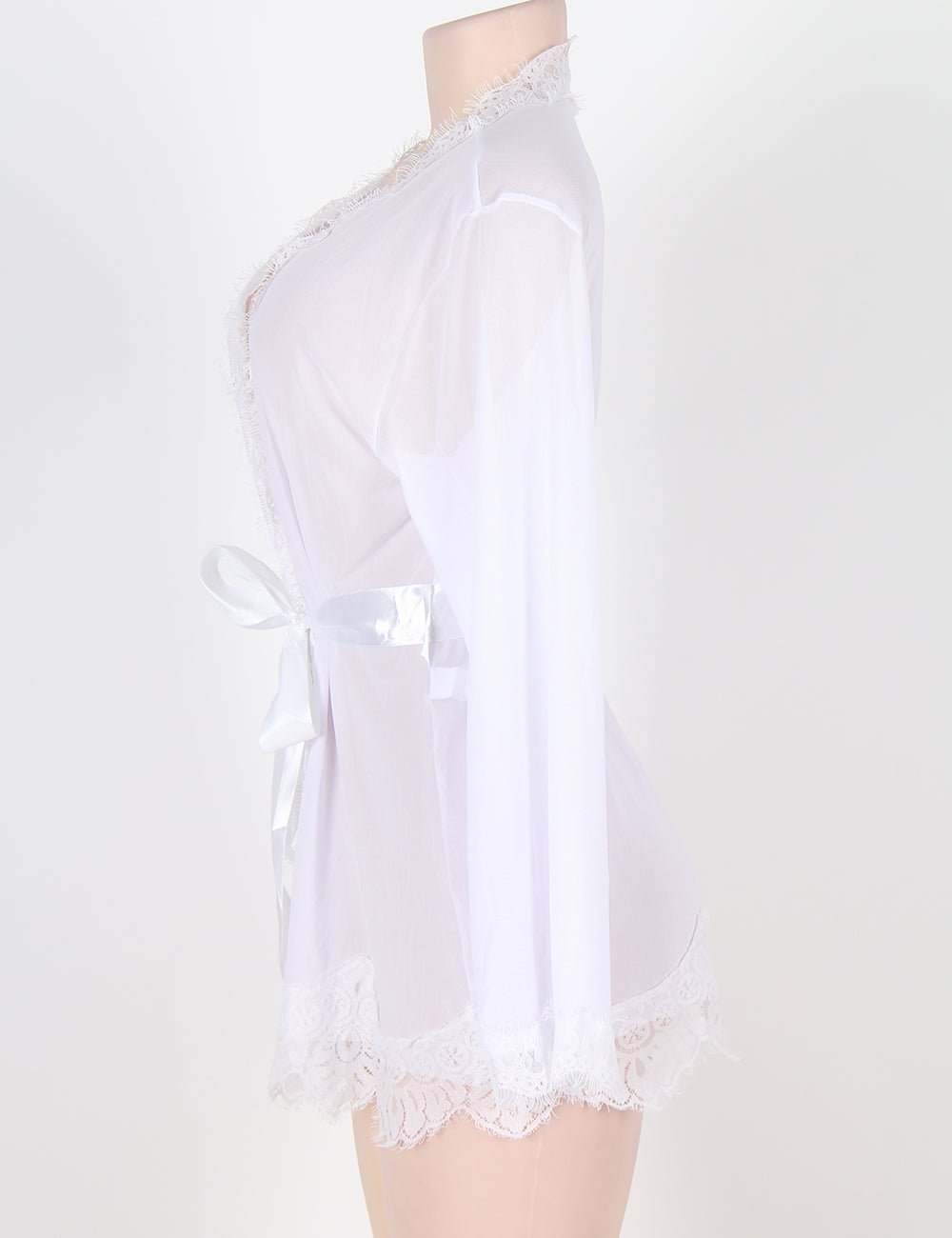White Mesh Babydoll Robe – Long Sleeve, Eyelash Lace Trim, Faux Silk Belt & Matching Thong - TeaseFashion