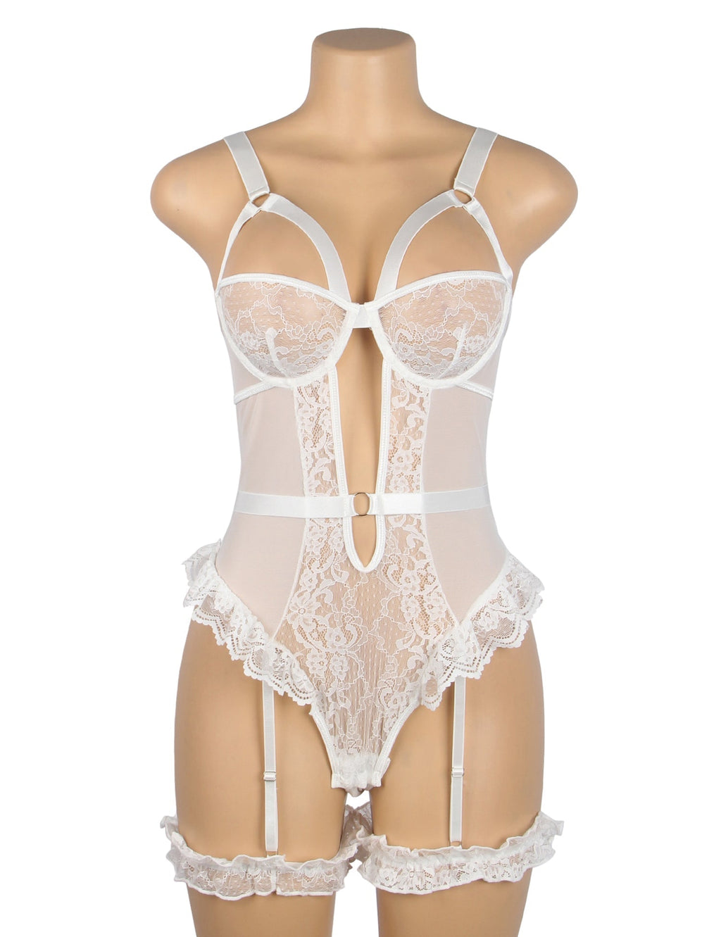 White Mesh & Lace Teddy with Ruffle Leg Rings & Hollow Back - TeaseFashion