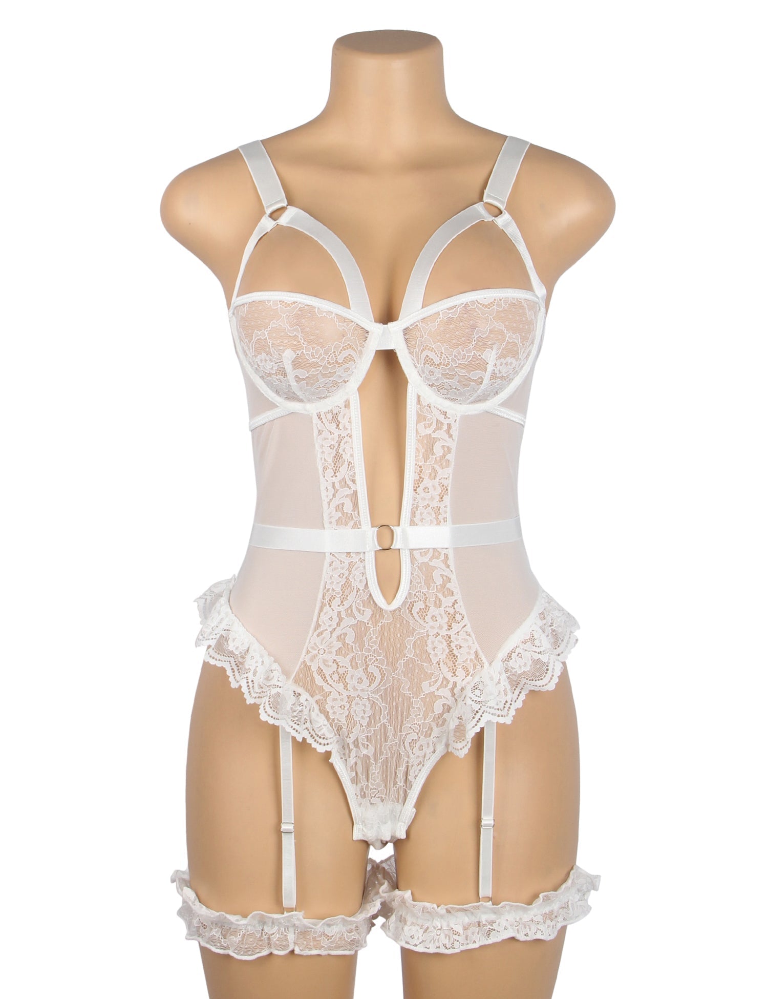 White Mesh & Lace Teddy with Ruffle Leg Rings & Hollow Back - TeaseFashion