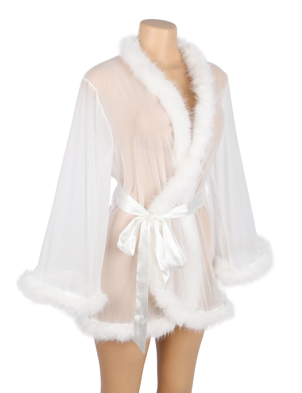 White Mesh & Mink Fur Trim Short Robe – Long Sleeves & Satin Belt - TeaseFashion